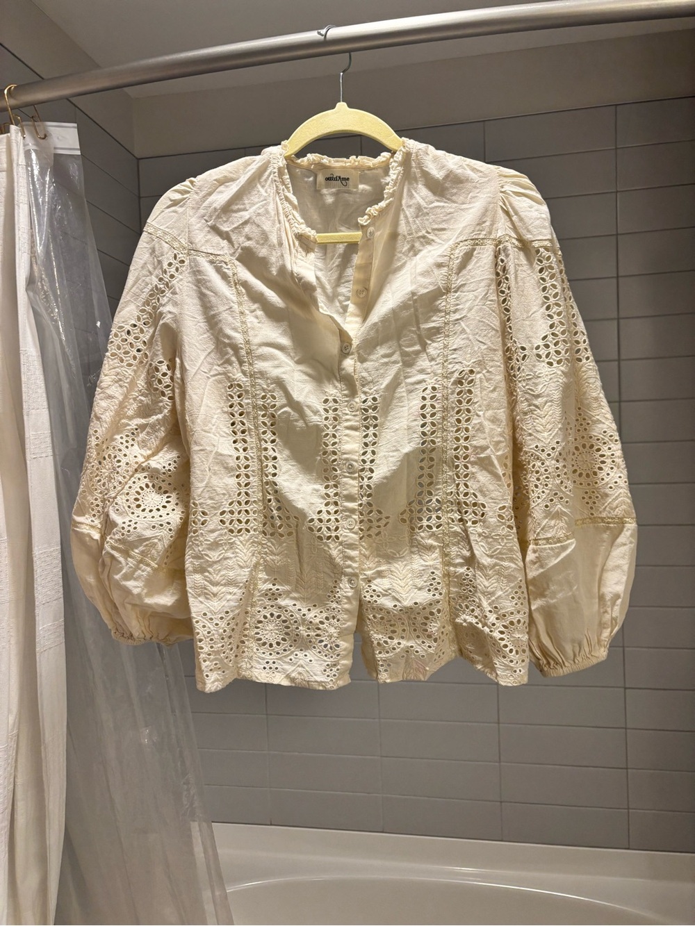 Cream Eyelet Button-Front Peasant Blouse - Women's